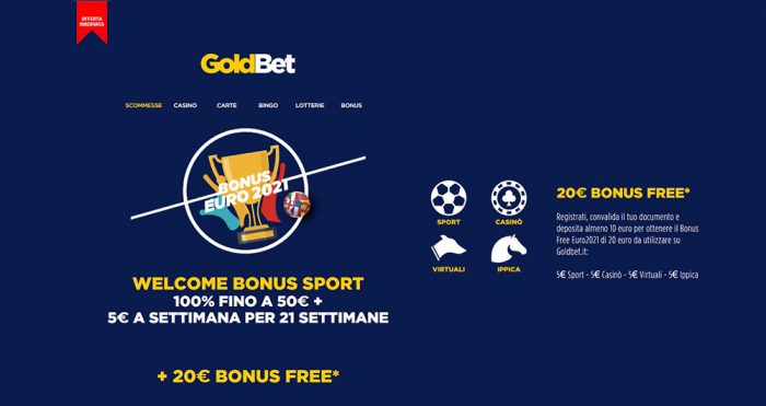 Nuovo bonus benvenuto Goldbet Europei: 20 euro free